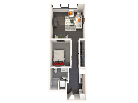 Floor plan for 1 bed, 1 bath, 578 sqft